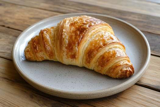 A golden, flaky croissant rests on a rustic plate atop a wooden table, capturing the essence of a warm morning in a cozy kitchen atmosphere.