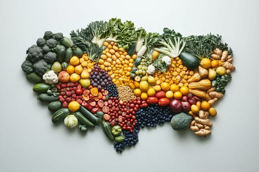 An array of colorful fruits and vegetables is meticulously laid out on a light surface, highlighting diverse shapes and textures. This display emphasizes healthy eating and seasonal produce.