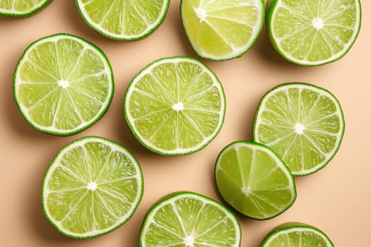 Freshly cut limes are artfully arranged, showcasing their vibrant green color and juicy texture. Perfect for recipes, garnishes, or beverages.