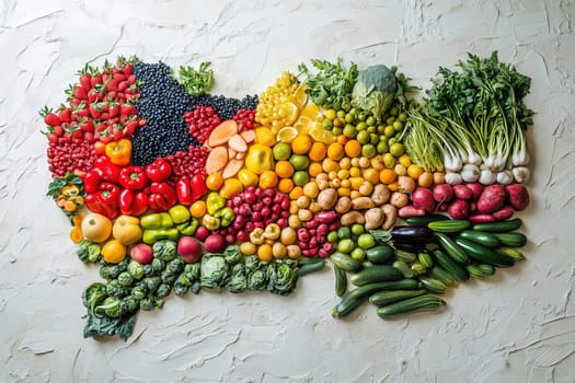 An artistic display of assorted fruits and vegetables meticulously arranged in a colorful spectrum, highlighting freshness and variety. The layout emphasizes the beauty of produce.