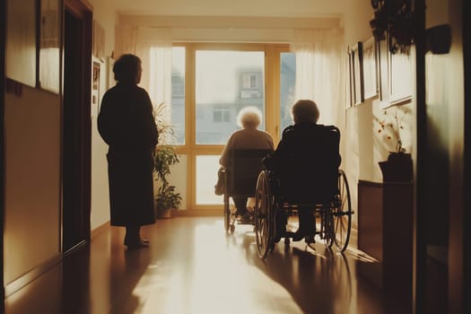 Two elderly residents in wheelchairs sit by a window, enjoying the warm glow of twilight. A caregiver stands nearby, watching over them warmly.