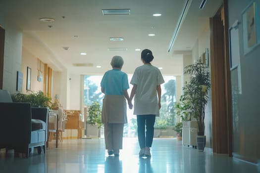 A caregiver walks hand-in-hand with an elderly woman down a well-lit corridor of a hospital, fostering companionship and support.