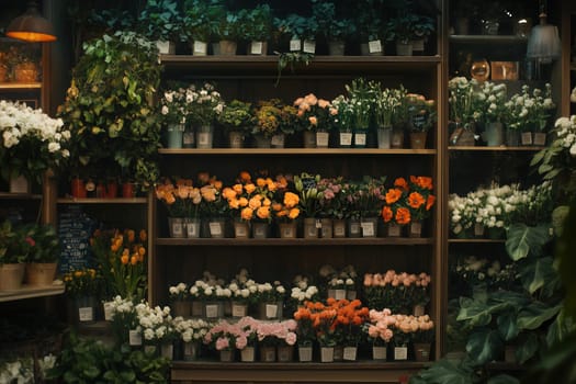 Rows of fresh flowers in various colors fill shelves in a quaint flower shop. Greenery intertwines with vibrant blooms, creating a lively atmosphere.