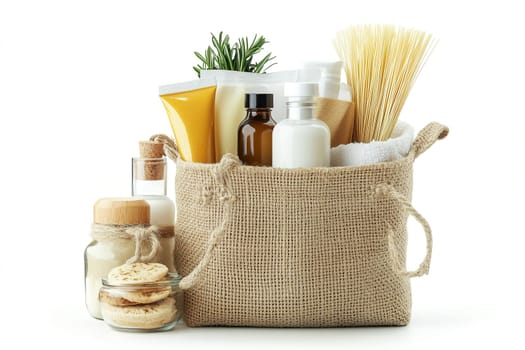 The basket showcases an assortment of organic toiletries alongside a jar of cookies, evoking a tranquil atmosphere for self-care and relaxation.