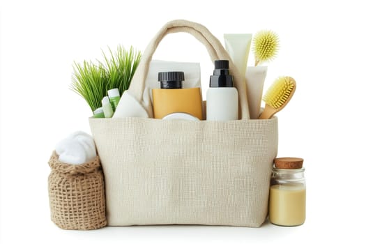 This gift basket contains an assortment of organic toiletries including lotions, scrubs, and natural brushes, complemented by decorative greenery, creating a perfect relaxation package.