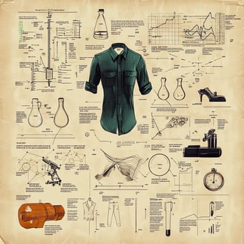 A detailed illustration showcases a collection of scientific instruments, clothing designs, and graphs, highlighting the intersection of fashion and scientific innovation.