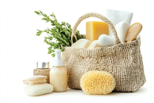 A woven basket filled with various spa products, including soaps, brushes, and a sprig of fresh herbs, creating a serene wellness atmosphere.