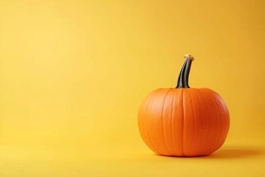 An orange pumpkin with a stem is centered on a vibrant yellow backdrop, showcasing seasonal colors ideal for autumn and festive occasions.