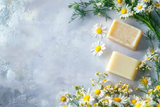 Natural soap bars sit gracefully amidst an array of fresh flowers, enhancing the serene atmosphere. The soft colors create a relaxing setting ideal for skincare.