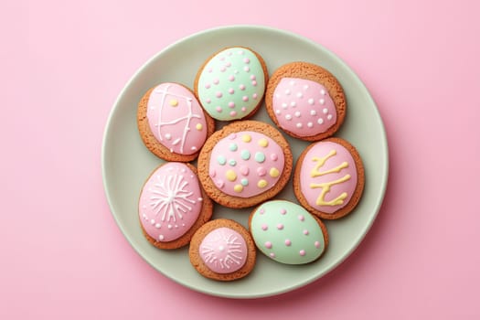 A collection of beautifully decorated cookies, shaped like Easter eggs, rests on a light green plate atop a pink background, perfect for spring festivities.
