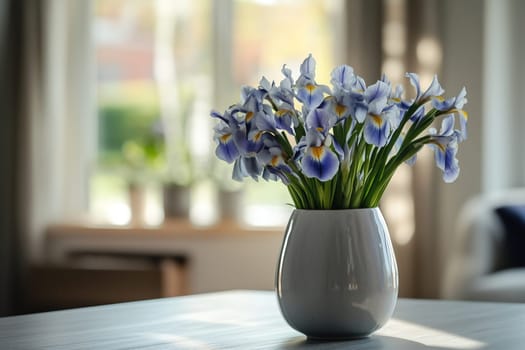A vase filled with vibrant blue and white irises sits elegantly on a wooden table, illuminated by sunlight streaming through a nearby window in a warm living room.