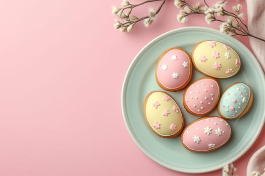 A collection of beautifully decorated Easter eggs sits on a pastel-colored plate, complemented by delicate floral accents, creating a festive spring atmosphere.