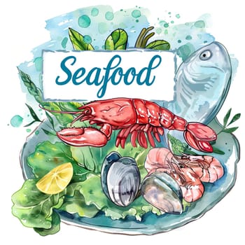 A colorful assortment of seafood featuring lobster, shrimp, and fish is artfully displayed on a plate with fresh greens and lemon slices, celebrating ocean harvest.