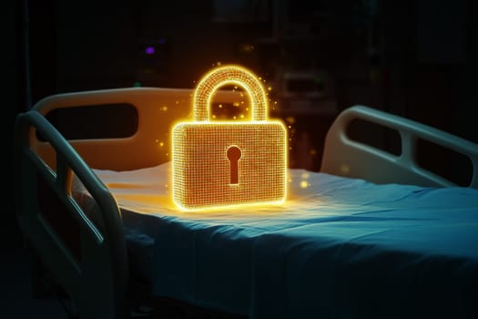 Digital lock over hospital bed symbolizing healthcare data security. Data privacy for patients..