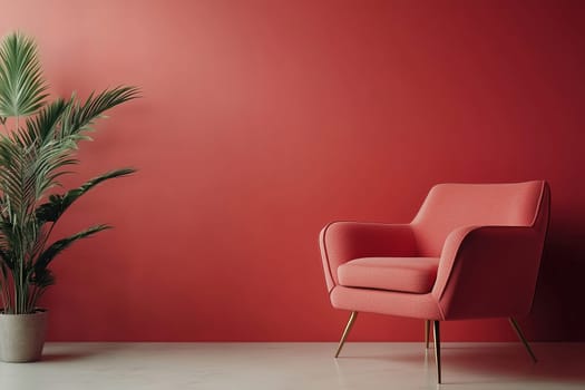 A modern armchair in coral fabric rests on a light floor, complemented by a lush potted plant, set against a striking red wall, perfect for stylish interiors.