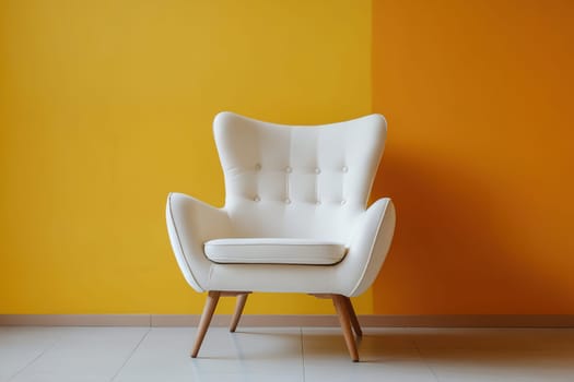 A contemporary white armchair with tufted detailing is positioned in front of a bold orange wall, creating a striking contrast and enhancing the modern ambiance of the room.