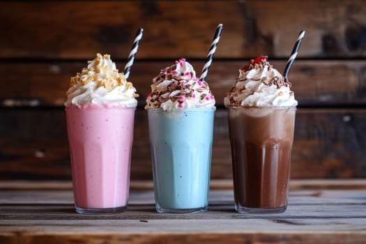 Three indulgent milkshakes in vibrant colors are topped with whipped cream and decorative toppings, served in a rustic café setting filled with warmth.