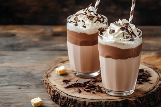 Two tall glasses filled with layered chocolate desserts sit on a wooden platter. Each is topped with whipped cream and chocolate shavings, creating a tempting treat.