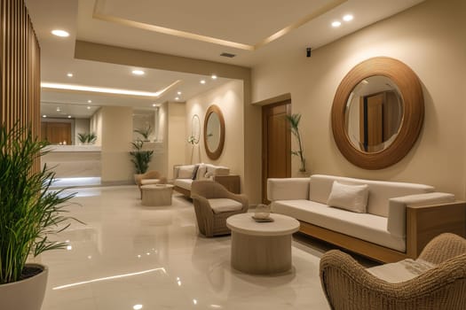 A stylish lounge area showcases comfortable seating with natural textures and soothing colors, inviting relaxation in a contemporary design.