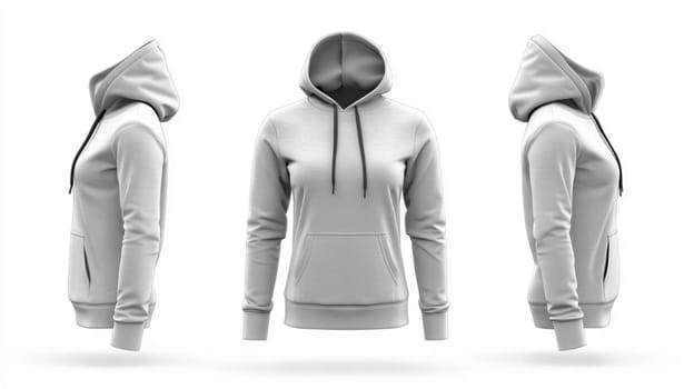 Four views of a female mannequin wearing a blank white hoodie, perfect for showcasing your apparel designs. The mannequin has her hair tied up in two buns