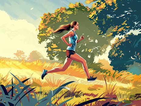 A young woman jogs energetically along a path in a golden meadow, with lush greenery and bright sunlight creating a lively summer atmosphere.