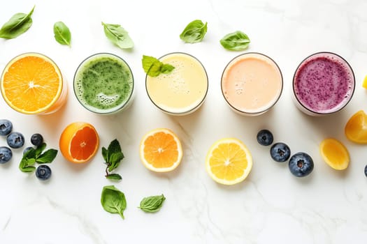 A vibrant lineup of five different fruit smoothies sits on a marble countertop, accompanied by fresh fruits and herbs. Each smoothie showcases a unique color and flavor.