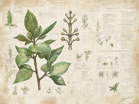 This artwork features a botanical study of a specific plant species, highlighting its detailed leaves and floral structures with annotations on an antiqued background.