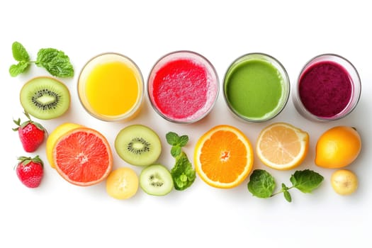 A colorful array of fresh fruit juices is showcased in glasses, complemented by slices of various fruits like oranges, kiwis, and strawberries, creating a healthy and vibrant display.