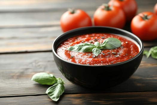 A bowl of rich marinara sauce sits on a rustic wooden table, garnished with fresh basil. Juicy red tomatoes are placed near the bowl, adding to the vibrant scene.