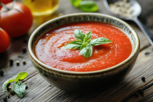 A bowl of fresh tomato basil soup sits elegantly on a wooden table, garnished with basil leaves. Surrounding ingredients include tomatoes and olive oil, creating a warm atmosphere.