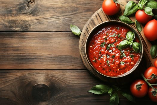 A bowl of vibrant homemade tomato sauce is surrounded by fresh basil and ripe tomatoes, all set on a rustic wooden surface. The combination creates a warm, inviting atmosphere.