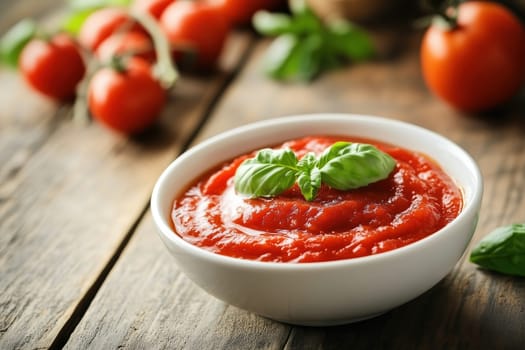 A bowl of rich tomato sauce topped with a fresh basil leaf, placed on a rustic wooden table with ripe tomatoes and herbs in the background, highlighting the essence of homemade culinary delights.