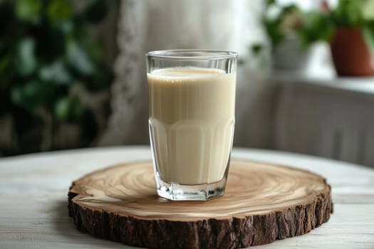 A glass filled with a creamy beverage sits on a wooden coaster. The bright room features lush green plants, creating a refreshing atmosphere.