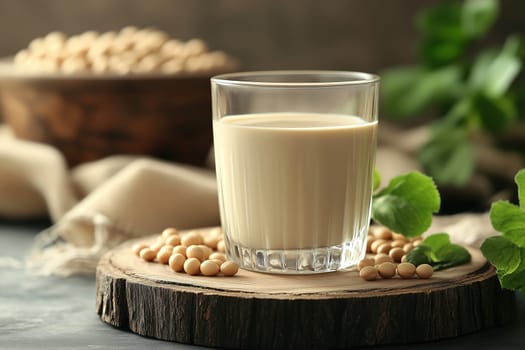A clear glass filled with creamy soy milk sits on a rustic wooden board, surrounded by fresh soybeans and vibrant green leaves, creating an inviting setting perfect for consumption.