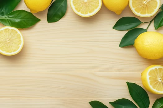Freshly cut lemons and whole lemons are elegantly arranged alongside green leaves on a light wooden surface, creating a bright and refreshing display ideal for summer recipes.