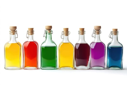 A row of seven glass bottles showcases liquids in vibrant colors, including red, green, yellow, purple, and blue, all capped with wooden stoppers.