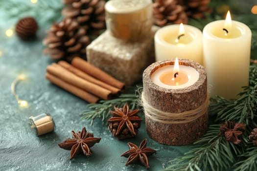 An inviting display features lit candles nestled among pine cones and star anise, complemented by cinnamon sticks and evergreen foliage, perfect for winter gatherings.