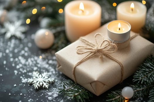 The warm glow from flickering candles illuminates a neatly wrapped gift placed among holiday decorations, creating a cozy winter atmosphere.