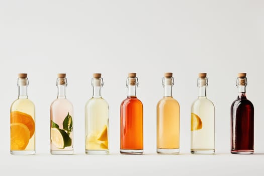 A lineup of seven glass bottles filled with various flavored drinks, showcasing vibrant colors and appealing presentations. Each bottle features distinct ingredients for refreshing enjoyment.