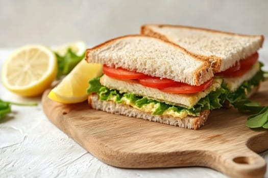 A delicious sandwich filled with fresh lettuce and ripe tomatoes is displayed on a wooden cutting board. A slice of lemon adds a refreshing touch, enhancing the vibrant presentation.