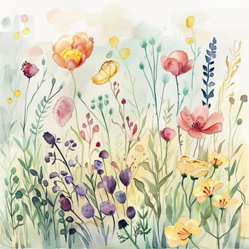 A vibrant mix of wildflowers fills a tranquil garden, displaying delicate petals in shades of pink, yellow, and purple, illuminated by warm sunlight on a clear day.