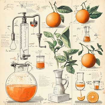 This infographic presents a detailed menu showcasing how to extract orange juice, featuring various tools, fresh oranges, and instructions, all designed in an artistic vintage layout.
