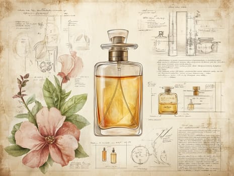 This infographic showcases the design of classic perfume bottles, featuring intricate floral illustrations and informative sketches about the ingredients and craftsmanship involved.
