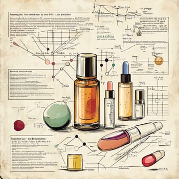 This infographic illustrates various cosmetic formulas alongside scientific analysis of skincare ingredients. It provides detailed insights into product compositions and properties.
