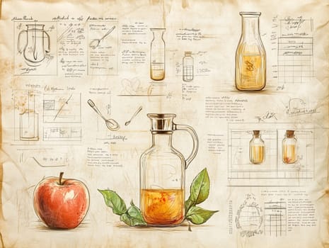 This artwork displays a recipe for apple cider, showcasing a large apple, various bottles, and handwritten notes about ingredients and measurements, evoking a sense of vintage culinary creativity.