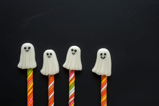 These playful ghost-shaped candies with smiling faces are attached to vibrant striped sticks, ideal for adding a festive touch to Halloween gatherings and parties.