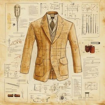 A tailored suit is depicted with detailed measurements and technical drawings surrounding it, highlighting the artistry and precision in clothing design and craftsmanship.
