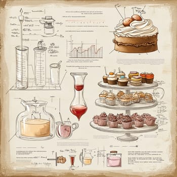 An intricate infographic menu features various desserts and beverages, highlighting recipes, preparation methods, and serving ideas ideal for culinary enthusiasts and events.
