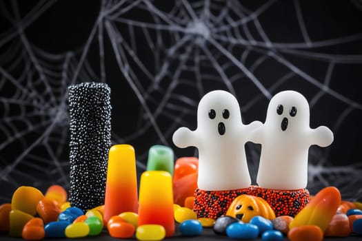 Two cheerful ghost figures stand amid colorful Halloween candies, surrounded by a dark web-like backdrop, creating a festive atmosphere.