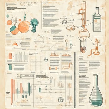 This educational illustration features various laboratory apparatus alongside detailed diagrams and notes about chemical processes, aimed at supporting chemistry learning.